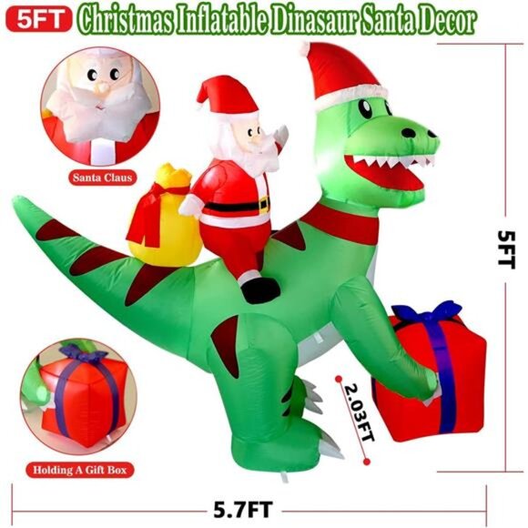 5FT Christmas Inflatables Dinosaur Santa Claus Blow Up with Built-in LED Lights - Picture 2 of 6